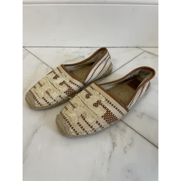 Tory Burch Shaw Flat Espadrille Sandals Slip On Logo Beige US Size 8 Women - Picture 2 of 15